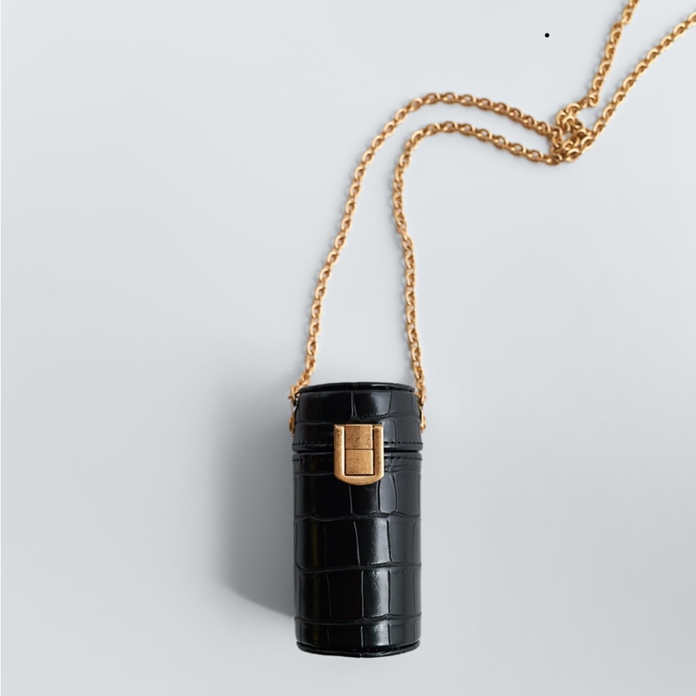 Zara Black Croc-Embossed Cosmetic Case with Gold Chain